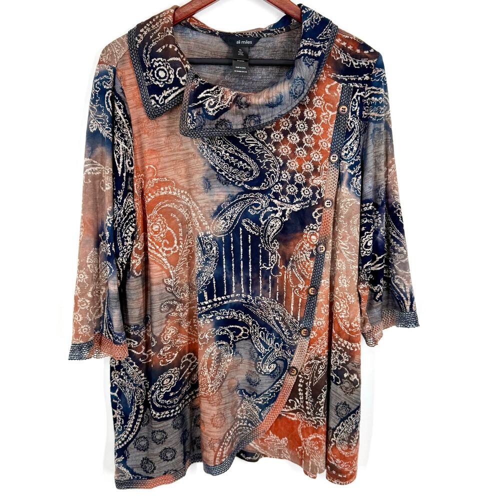 Ali Miles Sz XL Wearable Art Knit Navy Blue Blouse Shirt Top Artsy